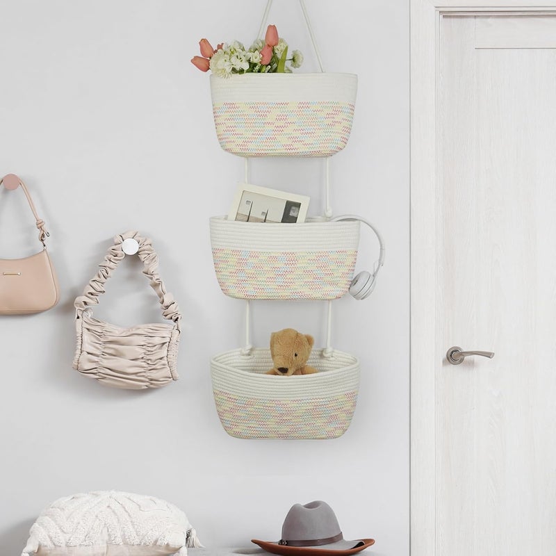 TeoKJ 3-Tier Woven Cotton Wall-Mounted Hanging Storage Baskets, Over the Door Organizer Bin for Kids Room, Bathroom, Bedroom, Kitchen, White & Rainbow Stitching - Image 3